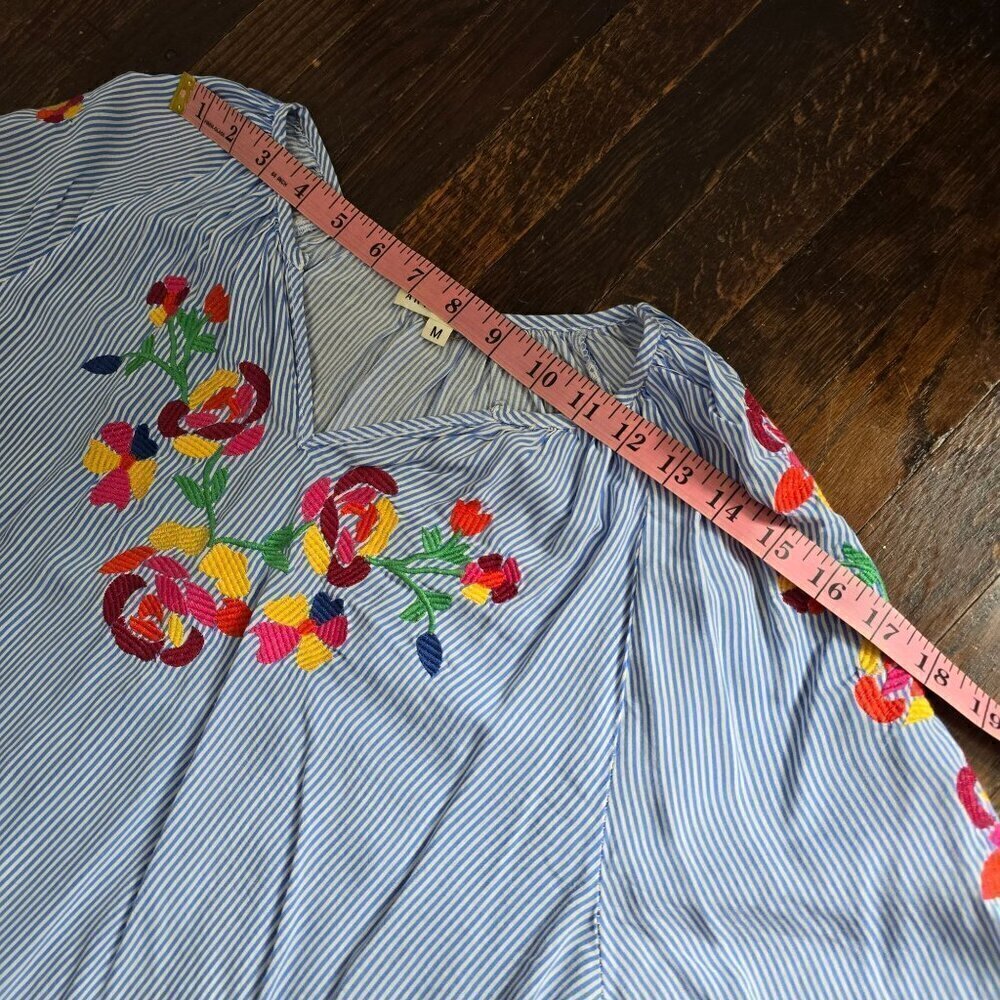 Artisan NY Blue Striped Flowy Colorful Floral Embroidery Boho Top - Picture 8 of 12